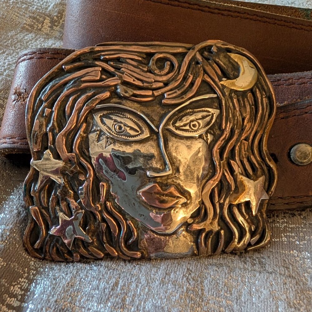 Sterling silver, copper, brass "Lola of the Night" Buckle & Leather Belt
